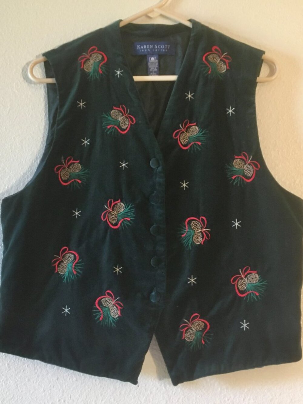 Vintage Karen Scott Ugly Christmas Vest Dark Green Velvet Embroidered Pinecones